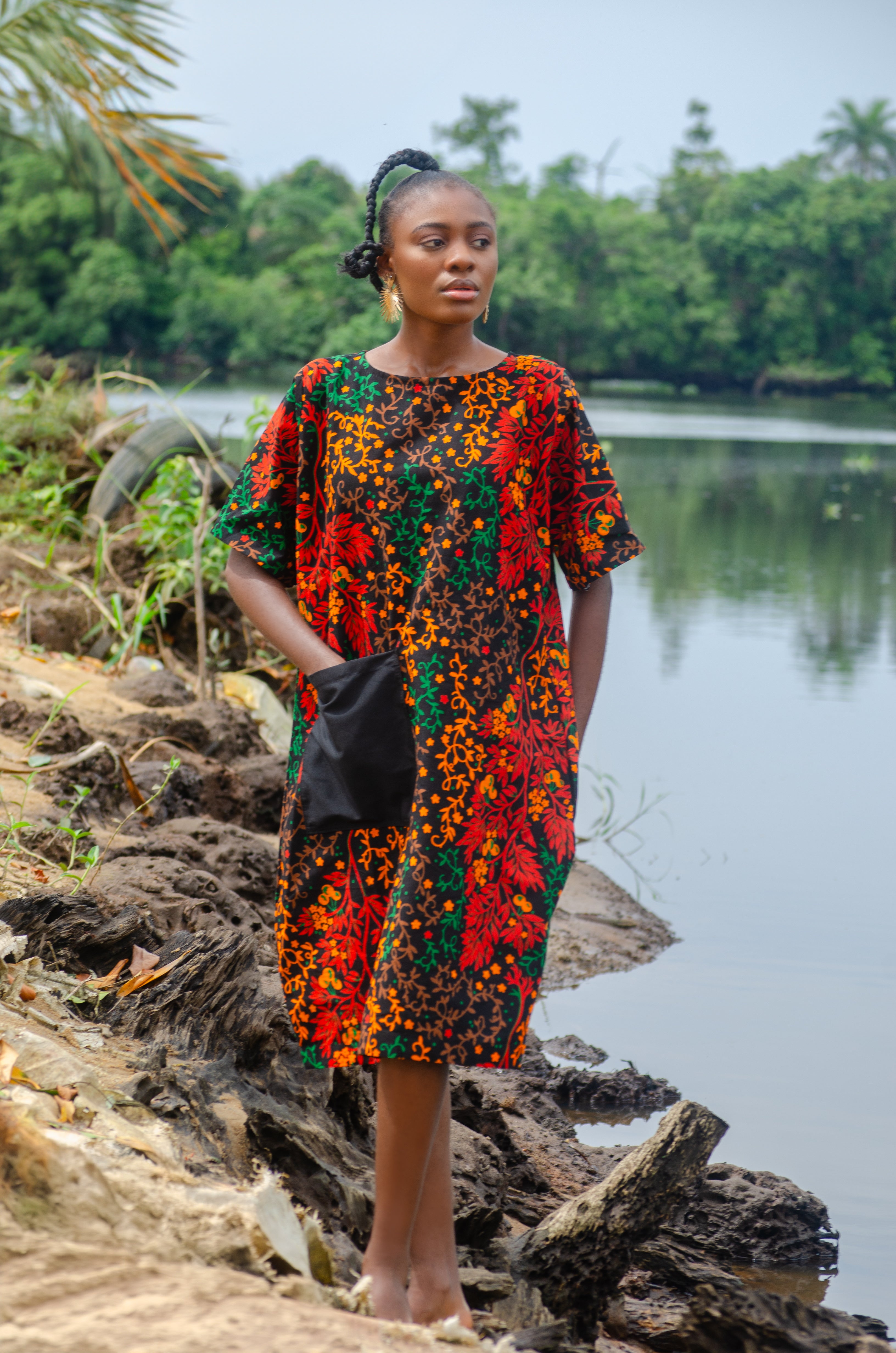 Anakara Orange Green Red Brown Floral Dress with pocket loose fitting Carl-Winston